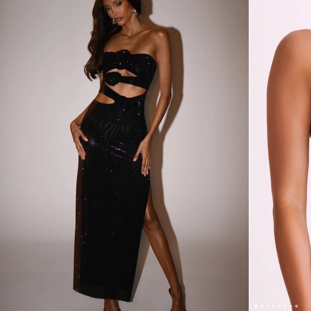 Meshki Size Small STASSIE Black Strapless Rose Diamante Maxi Dress